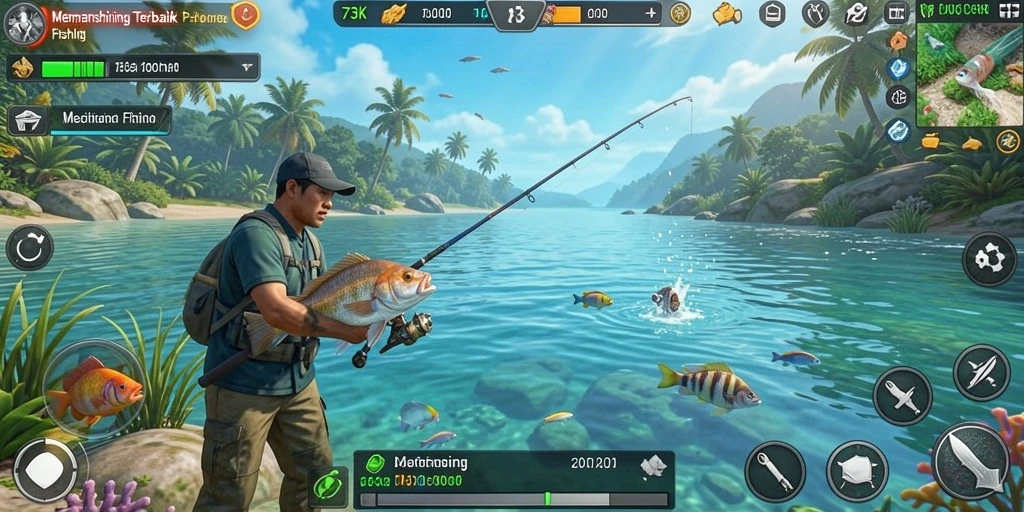 Screenshot gameplay <strong>73K</strong> menampilkan aksi seru memancing di danau yang indah.