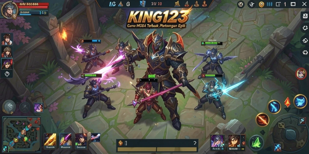 Tangkapan layar KING123 menampilkan pertempuran epik antar tim MOBA.