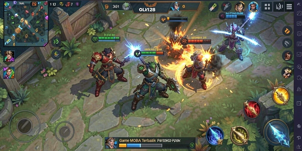 Screenshot gameplay OLX128 menampilkan aksi seru di arena MOBA.